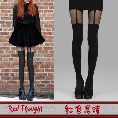 紅色思緒Red Thought-RT6214單吊帶個性造型假大腿褲襪(黑)