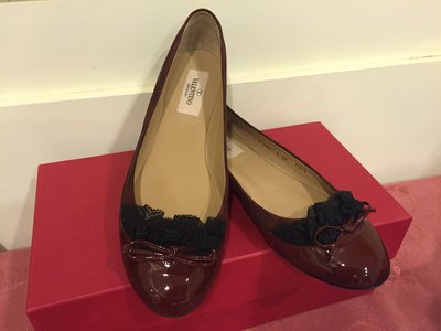 全新 VALENTlNO 暗紅色 蕾絲 平底鞋 娃娃鞋 35.5號