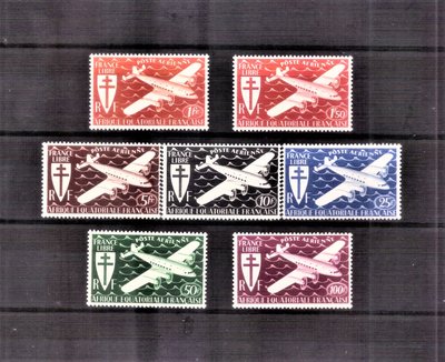 【珠璣園】F910-CH 法屬&殖民地郵票 - 赤道非洲 1941年 洛林十字(二戰時法國流亡政府旗幟) 航空郵票 7全