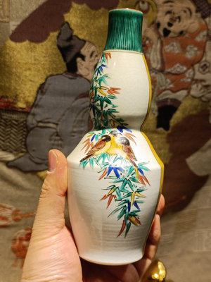 日本回流膠質葫蘆花瓶花鳥繪 開窗畫片工細繪 九谷燒名