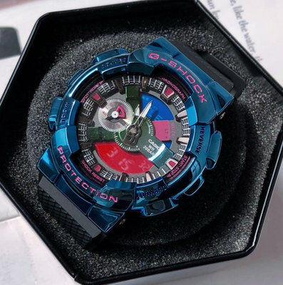 CASIO G-SHOCK 藍色不鏽鋼 黑色樹酯錶帶 指針/數位 雙顯 男士手錶 GM110-SN-2A