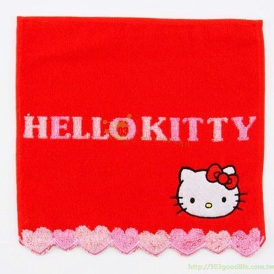 Hello Kitty凱蒂貓純棉紅色愛心小方巾 4992272527568