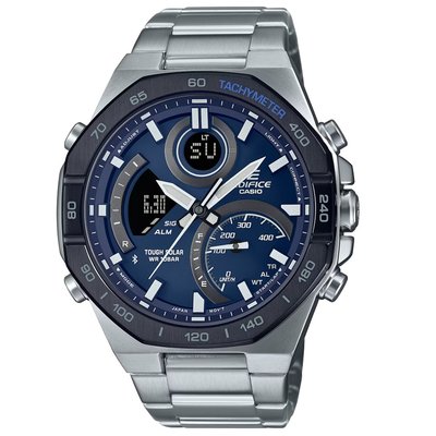 【CASIO 專賣】ECB-950DB-2A 八角形錶圈 藍牙智慧太陽能賽車錶 不鏽鋼錶帶 單觸 3 摺疊錶扣
