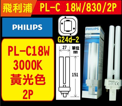 【PHILIPS】飛利浦PL-C 18W 830黃光 2P 3000K燈管 同DULUX D18W/830 G24d-2
