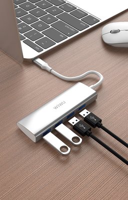 特價 【WiWU】四合一多功能USB-C HUB轉接器 TYPE-C擴充器 集線器(銀灰色)BSMI認證