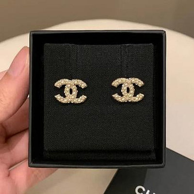 『甜甜二手』Chanel 香奈兒 新款22b 珍珠拼鑽 雙C 耳釘 耳環 水鑽 金色 時尚耳環 珍珠耳環