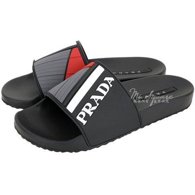現貨熱銷-PRADA 標籤系列 色塊拼接橡膠拖鞋(黑色)1920640-01
