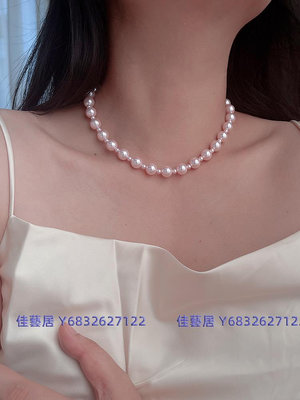 S925純銀小眾正圓強光粉色珍珠項鏈高級感輕奢鎖骨鏈氣質新品百搭-佳藝居