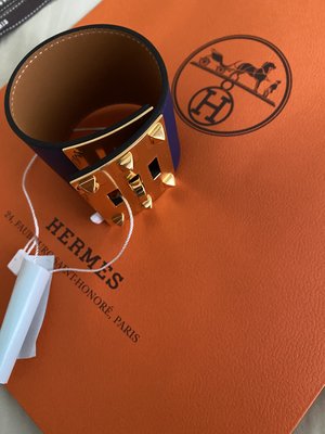 Hermès 愛馬仕 保證正品 全新 寬版 深藍金皮質手環