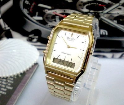 經緯度鐘錶【CASIO】手錶專賣店 金色復古長方型雙顯錶 保證公司貨【超低價950】AQ-230GA-9D