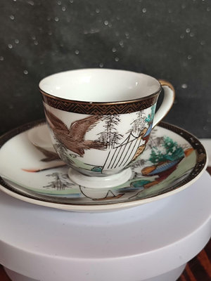 日本 明治到昭和時期 九谷燒出口歐洲 手繪描金山水咖啡杯套組