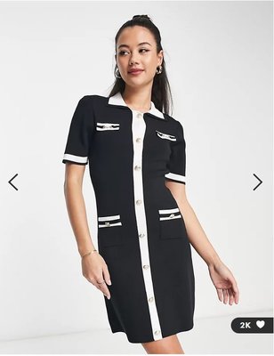 (嫻嫻屋) 英國ASOS-Morgan優雅時尚名媛黑白對比襯衫領鈕釦裙洋裝EC23