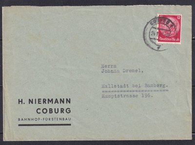 德國巴伐利亞 科堡1942『納粹總理興登堡, 林業火車站封』古典實寄封