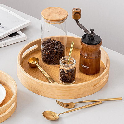 精緻家用水果盤日式水杯竹托盤蛋糕咖啡盤子圓形竹木製創意小茶臺