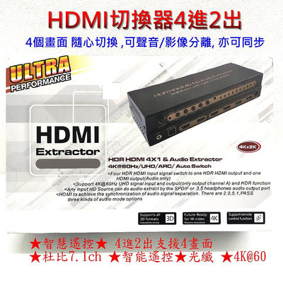 AIS HDR HDMI 2.0版 4X1 音頻分離器 ARC音頻回傳杜比 7.1ch 音頻輸出 4K 4進2出支援4畫