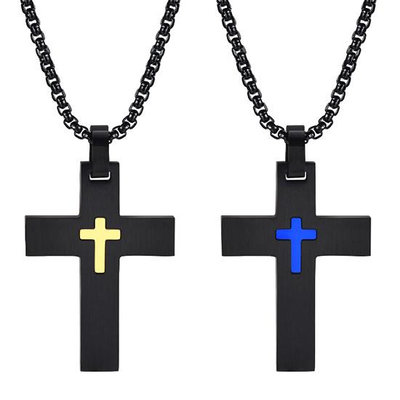 《QBOX 》FASHION 飾品【CPN-1916】精緻個性黑色雙十字架設計鈦鋼墬子項鍊/吊飾(二色)