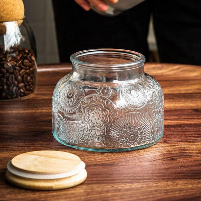 竹木蓋復古刻玻璃罐海棠密封罐廚房收納罐家用料儲物瓶-來可家居