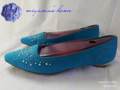 Daphne湖水藍麂皮晶鑽尖頭平底鞋25號(SW0035)