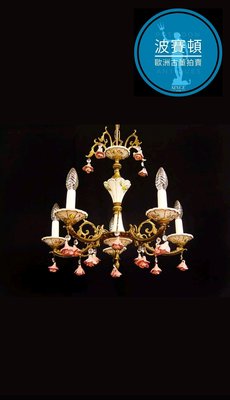【波賽頓-歐洲古董拍賣】歐洲/西洋古董 意大利古董 手工陶瓷彩繪花朵黃銅吊燈/燭台 5燈(總高度：60公分；直徑：50公分)(年份：約1920年)