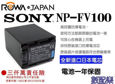免運 數配樂 樂華 FOR SONY NP-FV100 NPFV100 相機電池 鋰電池 防爆 原廠充電器可充 保固一年