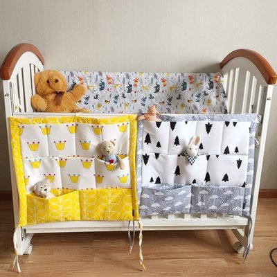 《 HelloMiss 》北歐風情多層純棉嬰兒床收納袋 卡通多功能床頭寶寶尿布儲物袋