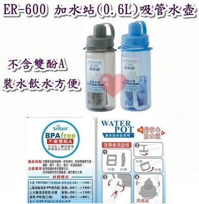 《用心生活館》台灣製造 加水站(0.6L)吸管水壺 二色系尺寸7*20.7cm冷熱水壺 ER-600
