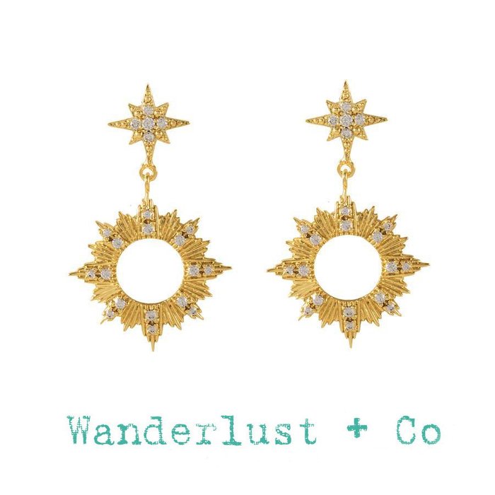 Wanderlust+Co 澳洲品牌 金色鑲鑽 光芒太陽耳環 Sunseeker