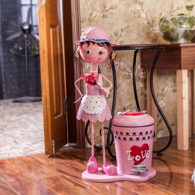 粉紅玫瑰精品屋~歐式可愛卡通鐵藝脚踏垃圾桶~粉色Love