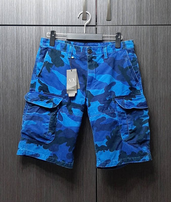 全新正品ARMANI EXCHANGE (AX)阿瑪尼仿舊破壞款耐磨布藍色迷彩工裝短褲30-31腰