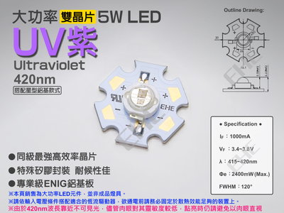 EHE】大功率5W雙晶片特殊420nm UV紫外線LED【含星形鋁基】5H1U4。適DIY製作海水缸/螢光顯色光源等燈組
