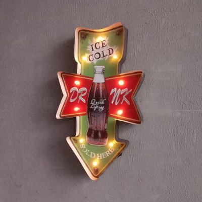LOFT工業風創意LED燈牌招牌 DRINK復古圖案裝飾燈牌壁掛飾電子燈 鐵製ICE COLD飲料瓶造型餐酒館鐵皮畫燈飾