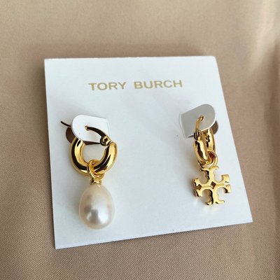 現貨2020爆款 Tory burch TB耳釘不對稱設計天然珍珠耳環高級感氣質雙T金徽標耳飾明星同款熱銷