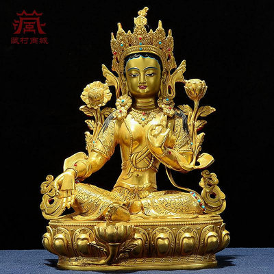 佛藝館 10寸《綠度母》銅鎏金雕花寶石鑲嵌居家室內客廳玄關桌面銅像擺件 FY
