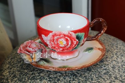 ( 台中 可愛小舖 )古典中國風高雅貴氣立體雕花 樹枝造型提把 紅色貴氣 茶杯茶盤 生日送禮 居家擺放裝飾
