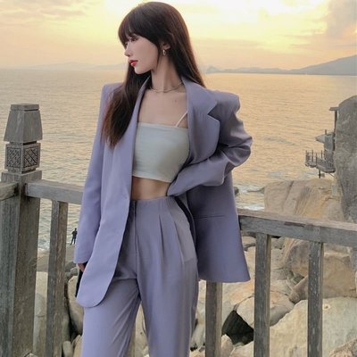 【熱賣精選】韓版高級感紫色西裝套裝 西裝套裝女 西裝外套 薄西裝外套 正韓西裝外套 紫色寬鬆西裝外套 直筒寬褲 兩件套