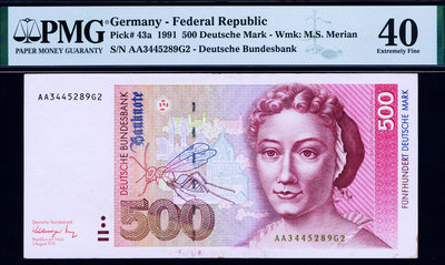 銀幣德國 1991年版 500馬克 (植物和生物學家 梅里安) PMG 40 AA冠！