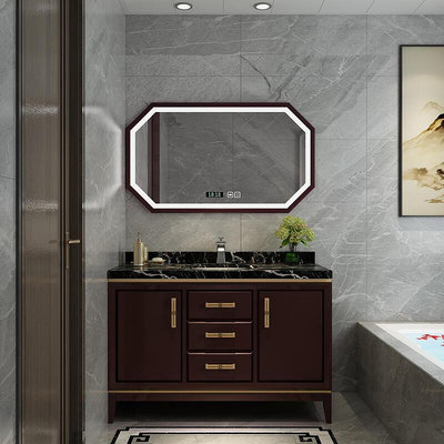 【現貨】新中式浴室柜大理石臺面現代落地式衛生間洗漱臺洗臉盆組合智能鏡