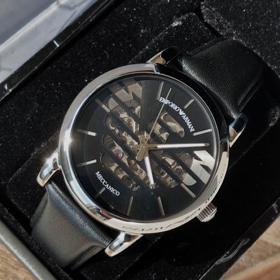 EMPORIO ARMANI 黑色面鏤空錶盤 黑色皮革錶帶 男士 自動機械錶 AR60040 亞曼尼腕錶