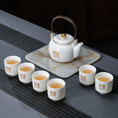 【熱賣精選】羊脂玉白瓷描金雕刻茶具套裝 家用 客廳景德鎮陶瓷茶杯大號泡茶壺
