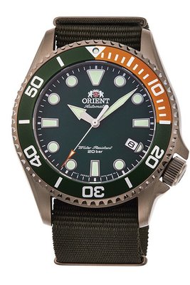 【可議價】ORIENT 東方錶 藍寶石水晶鏡面 防水200m潛水錶 綠色帆布帶 RA-AC0K04E