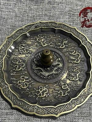 銀幣古玩銅器收藏九龍香盤配小葫蘆香插套裝復古純銅老物件擺件收藏