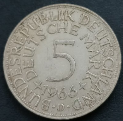 德國  1966年   D記     5馬克     銀幣(62%銀)   1944
