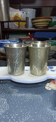 日本 薩摩錫器朝日堂 純錫 竹紋酒杯 茶杯 兩只 高8口徑6