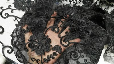 重工刺繡黑色歐根紗蕾絲布料 DIY