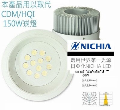 Japan日本 NICHIA日亞化 孔24cm孔20cm 台灣LED增艷4000K專賣 60W~100W崁燈HQI覆金屬