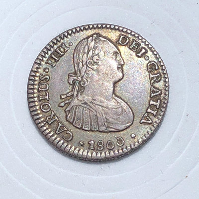 完美品1800年89.6%銀卡洛斯四世1R雙柱銀幣M328，