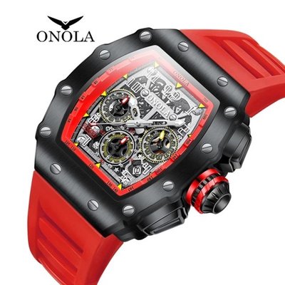 ONOLA正品義大利註冊品牌爆款時尚機械架構面盤設計理查風格真三眼酒桶造型夜光指針矽膠錶帶男手錶