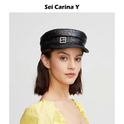 愛麗絲Sei Carina Y 荔枝紋鉆扣有檐貝雷帽新款氣質百搭帽女個性時尚帽