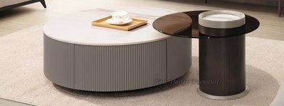 【N D Furniture】台南在地家具-造型設計感岩板大茶几+強化玻璃拼岩板小茶几組合YH