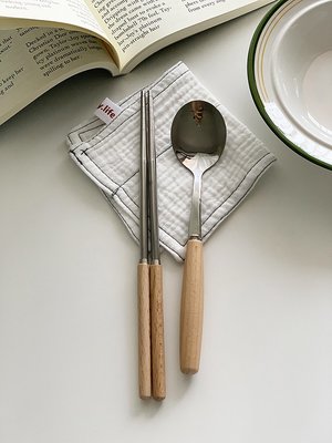 ins復古圓柱實木柄筷子刀叉勺子餐具套裝不銹鋼廚房餐具